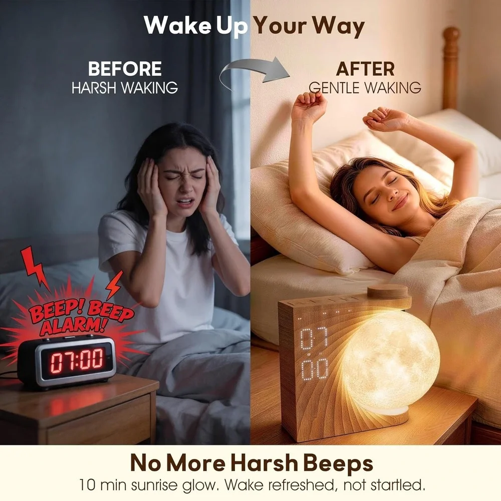 AIRIVO Sunrise Alarm Clock Moon Lamp Wood Grain Sound Machine New